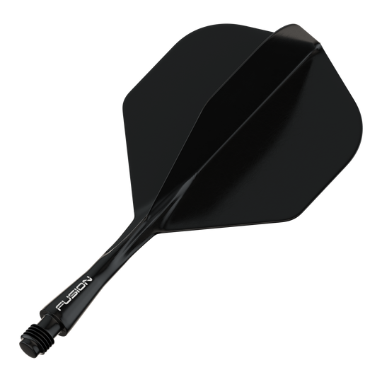 Sistema de eje de vuelo Winmau Fusion estándar negro Das Bild zeigt ein schwarzes Dart-Flightsystem mit einem Schaft. Auf dem Schaft steht das Wort "FUSION".