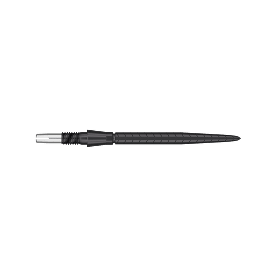 Puntas de dardos Target Swiss Storm Quartz - Negras Das Bild zeigt eine schwarze Dartspitze mit feinen Rillen und einem schlanken Design. Die Spitze hat eine Länge von 30 mm und wirkt hochwertig verarbeitet.