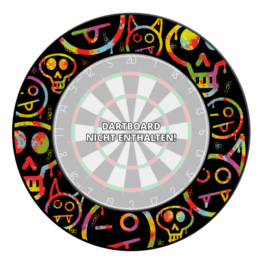 McDart Graffiti Emojis Diana envolvente Abgebildet ist ein Dartboard Surround mit bunten Smiley-Graffiti. Diese Umrandung dient dem Schutz beim Darts-Spielen.