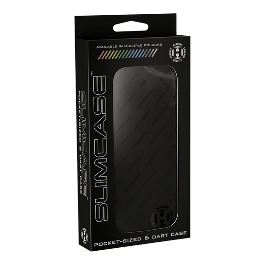 Estuche para dardos Harrows Slimcase Die Abbildung zeigt eine schwarze Slimcase Darttasche von Harrows in ihrer Verpackung. Auf der Verpackung steht, dass die Tasche taschengroß ist und bis zu 6 Darts fasst.