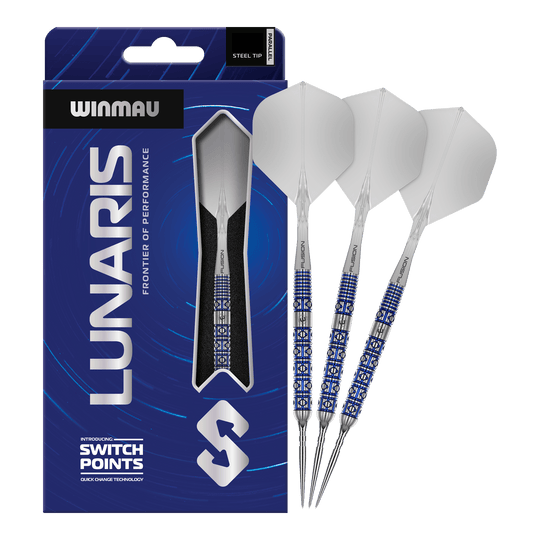 Punta de conmutación paralela Winmau Lunaris Steeldarts Zu sehen sind die Winmau Lunaris Parallel Switch Point Steeldarts in voller Länge. Das Produkt wird frontal gezeigt.