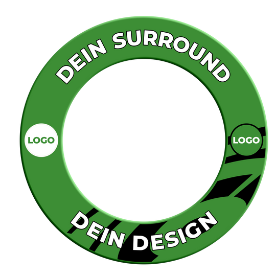 Marco de diana con tu diseño Das Bild zeigt ein grünes Dartboard-Surround mit individuellem Wunschdruck. Es ist vor einem neutralen Hintergrund platziert.