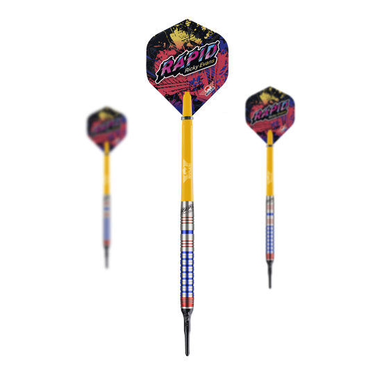 Dardos blandos Bulls NL Ricky Evans Rapid Edition One - 20 g Das Bild zeigt drei Softdarts der Marke "Bulls NL Ricky Evans Rapid Edition One" mit einem Gewicht von 20g. Die Darts sind gelb mit farbigen Flights, auf denen "Rapid Ricky Evans" steht.
