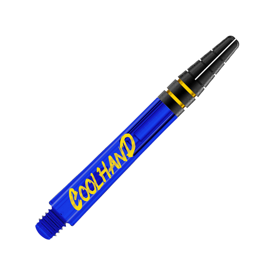 Flechas Red Dragon Nitrotech Luke Humphries Coolhand - Azul Dies ist ein blauer Dart-Schaft mit der gelben Aufschrift "COOLHAND". Am oberen Ende befinden sich zwei schwarze Ringe mit goldenen Akzenten.