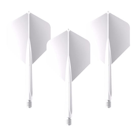 Das Bild zeigt drei weiße Dartflights mit integriertem Schaft. Es handelt sich um das Produkt "Unicorn Forge All In One Plus No2 Standard Flights Weiß - Medium".