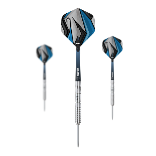 Dardos de acero Bulls Stone S3 Auf dem Bild sind drei Bulls Stone S3 Steeldarts zu sehen. Sie haben silberne Spitzen und moderne Flights in Blau, Schwarz und Grau.