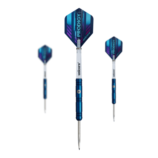 Das Bild zeigt drei Steeldarts des Produkts "Unicorn Prodigy 01 Parallel". Die Darts haben blaue Schäfte und weiße Flights mit dem Aufdruck "PRODIGY".