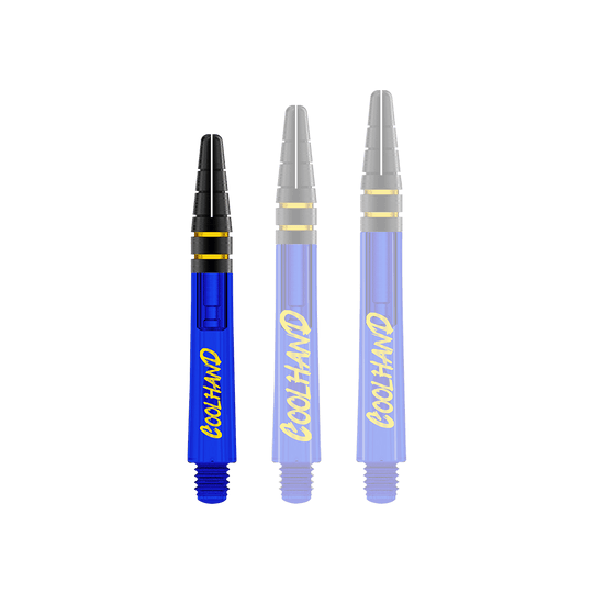 Flechas Red Dragon Nitrotech Luke Humphries Coolhand - Azul Auf dem Bild sind drei blaue Dartschäfte mit gelbem Schriftzug "COOLHAND" zu sehen. Oben haben sie schwarze Rillen mit goldenen Ringen.