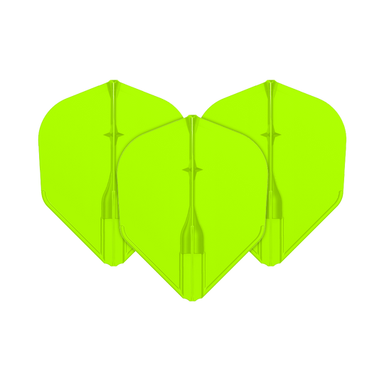 Vuelos L-L-Style3EZ Auf dem Bild sind drei neon-grüne Dart-Flights zu sehen. Sie sind nebeneinander angeordnet und haben eine klassische Pfeilform.
