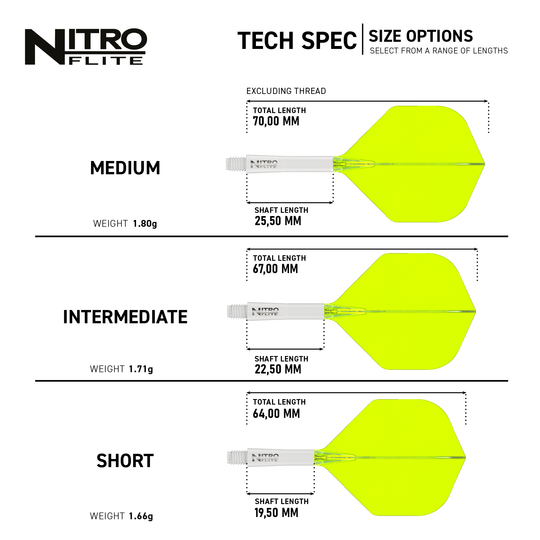 Das Bild zeigt die Produktvarianten "Red Dragon Nitroflite - White Shaft Yellow No2 Flights" in drei verschiedenen Längen: Medium, Intermediate und Short. Für jede Variante sind die Gesamtlänge, die Schaftlänge und das Gewicht angegeben.