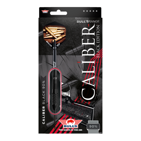 Dardos de acero Bulls NL Caliber Black Das Bild zeigt die Verpackung der "Bulls NL Caliber Black Steeldarts". Die Verpackung ist schwarz gestaltet und hebt die Steeldarts sowie den Schriftzug "Caliber Black Edition" hervor.
