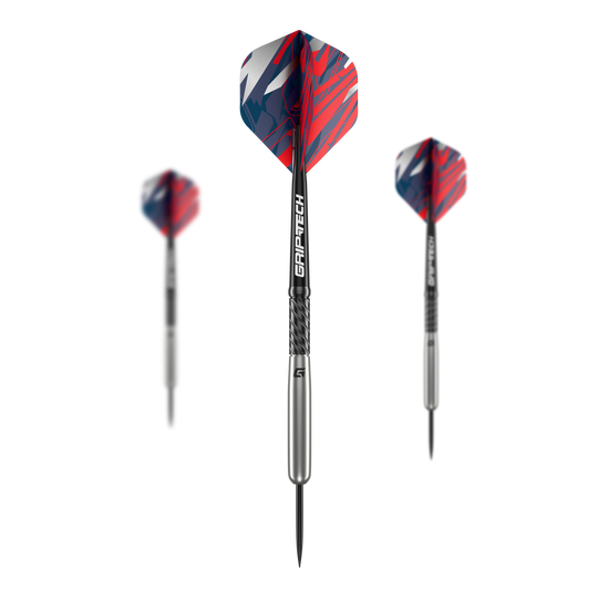 Dardos de béisbol de acero de tungsteno GOAT Homerun Das Bild zeigt drei GOAT Homerun Baseball Tungsten Steeldarts mit silbernem Schaft und bunten, rot-blauen Flights. Die Darts sind modern gestaltet und heben sich durch das auffällige Design ab.