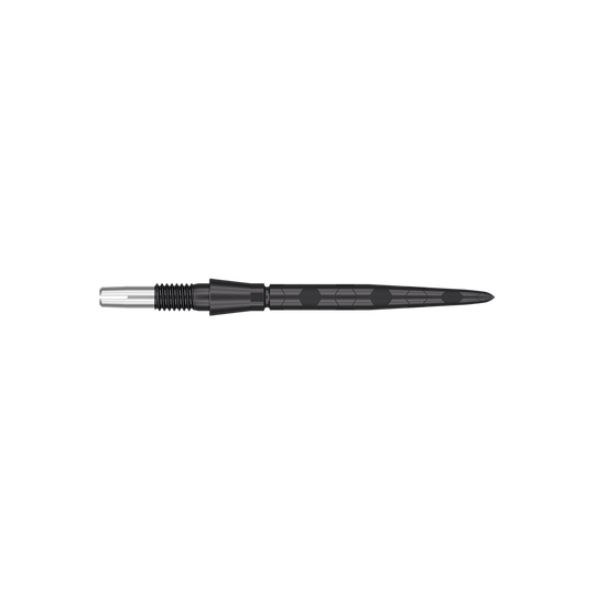 Das Bild zeigt eine schwarze Dartspitze mit einem modernen, strukturierten Design. Sie ist schmal und hat feine Rillen sowie ein sechseckiges Muster auf dem Schaft.