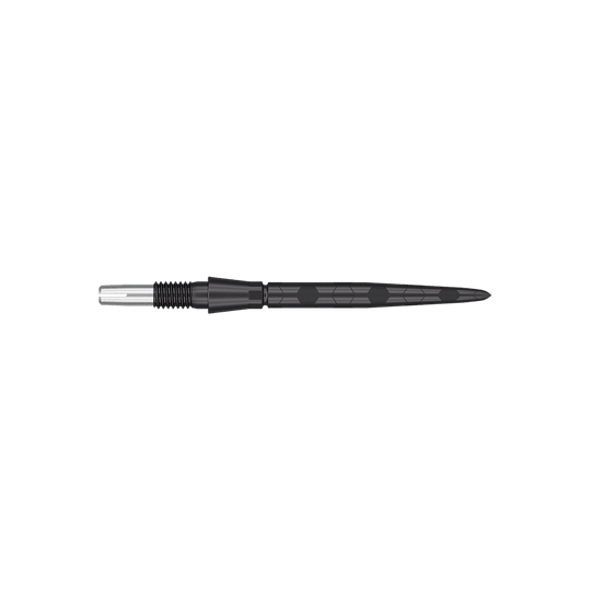 Puntas de dardos Target Swiss Storm Onyx Point - Negras Das Bild zeigt eine schwarze Dartspitze mit einem modernen, strukturierten Design. Sie ist schmal und hat feine Rillen sowie ein sechseckiges Muster auf dem Schaft.