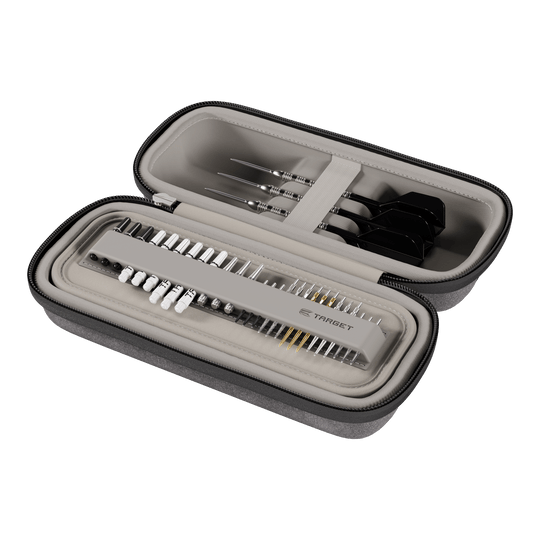 Estuche para dardos Target BOA Das Bild stellt das Target BOA Dartcase in Grau und Hellgrau dar. Es ist zur Organisation von Dartutensilien bestimmt.