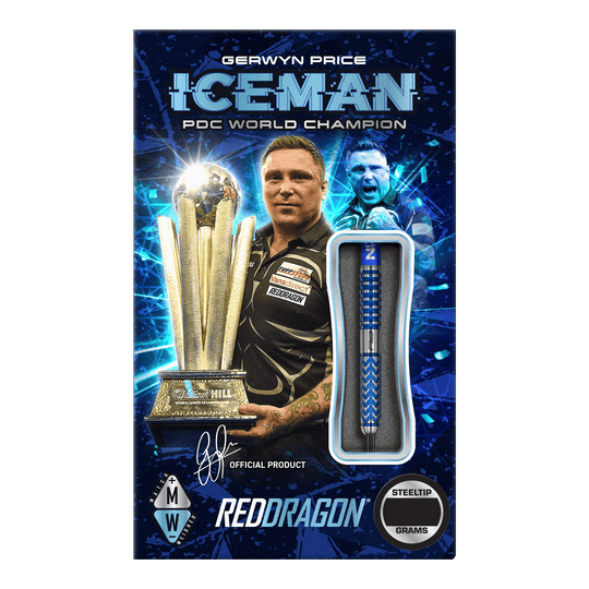 Das Bild zeigt die Verpackung der "Red Dragon Gerwyn Price Glacier Steeldarts". Auf der Verpackung sind Gerwyn Price, ein großer Pokal und ein Steeldart abgebildet.