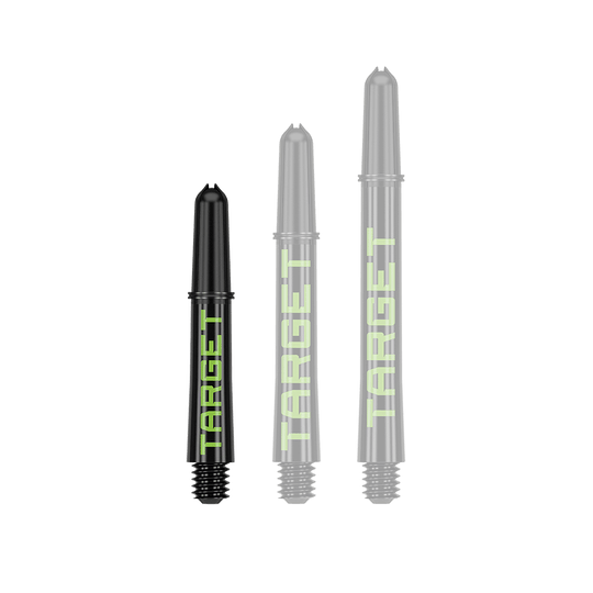 Varillas Target Pro Grip TAG - 3 juegos - Negro Verde Ein Dart-Schaft in schwarzer Grundfarbe wird einzeln abgebildet. Die Akzentfarbe hebt das Produkt hervor.
