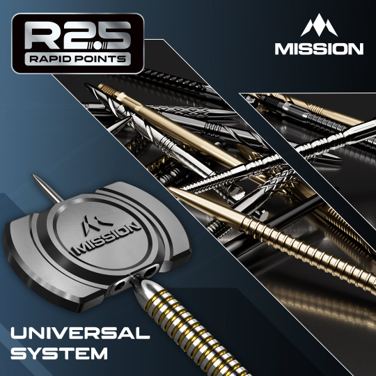 Puntas de dardo Mission R2.5 Rapid Point DSX - Plateadas Die Abbildung zeigt die Mission R2.5 Rapid Point GV1 Dartspitzen in Silber. Es sind speziell designte Dartspitzen für Präzision und Haltbarkeit.