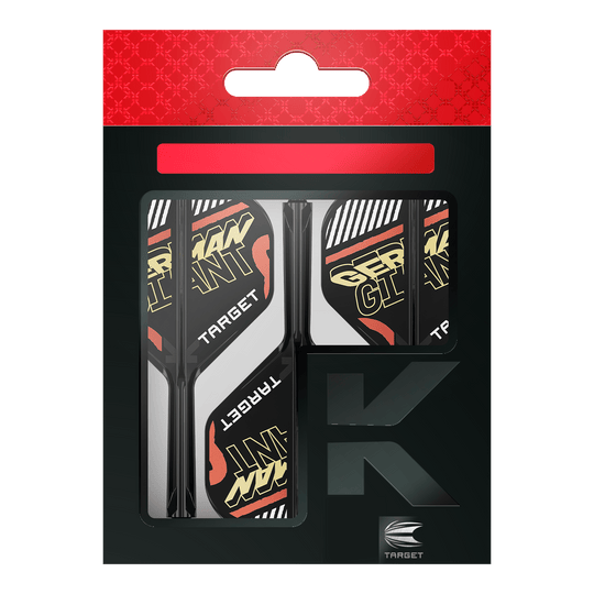 Sistema de eje de vuelo estándar Target K-Flex Gabriel Clemens No2 Auf dem Bild ist eine Verpackung mit Dart-Flights und Schäften der Marke Target zu sehen. Auf den Flights steht in gelber Schrift "GERMAN GIANT".