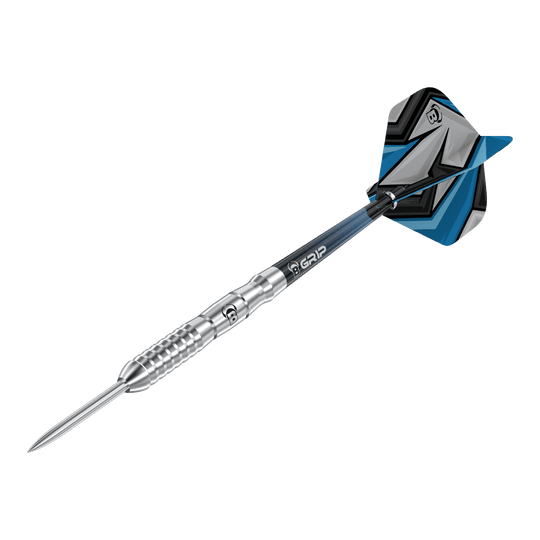 Dardos de acero Bulls Stone S3 Das Bild zeigt einen Bulls Stone S3 Steeldart mit silbernem Barrel. Die Flights sind blau, schwarz und grau gemustert.