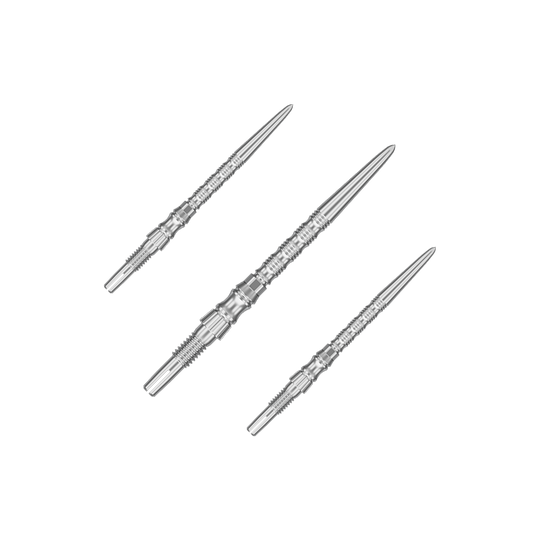Mehrere silberne Dartspitzen sind nebeneinander zu sehen. Es handelt sich um ein Set der 'Target SwissPoint Signature TRB' Dartspitzen mit 30 mm Länge.