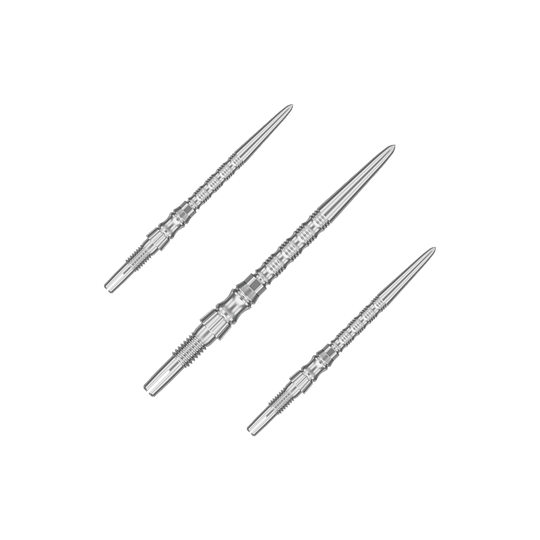 Puntas de dardo de acero Target Signature Swiss Point TRB - plateadas Mehrere silberne Dartspitzen sind nebeneinander zu sehen. Es handelt sich um ein Set der 'Target SwissPoint Signature TRB' Dartspitzen mit 30 mm Länge.