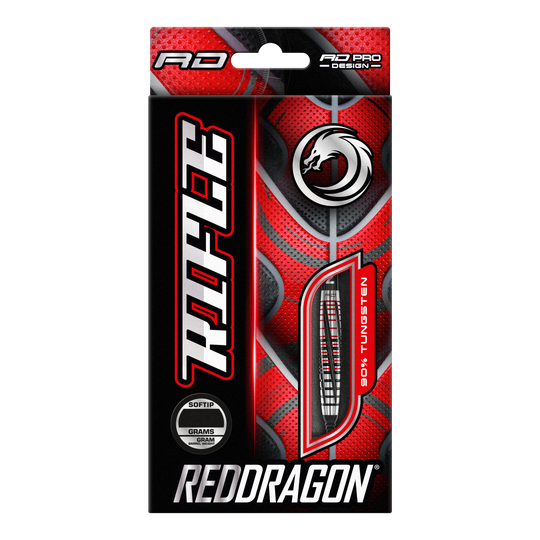 Dardos blandos Red Dragon Rifle - 20 g Die Abbildung zeigt die Verpackung der "Red Dragon Rifle Softdarts - 20g". Das Design ist auffällig in Rot und Schwarz gehalten und zeigt eine Abbildung eines Dartpfeils.