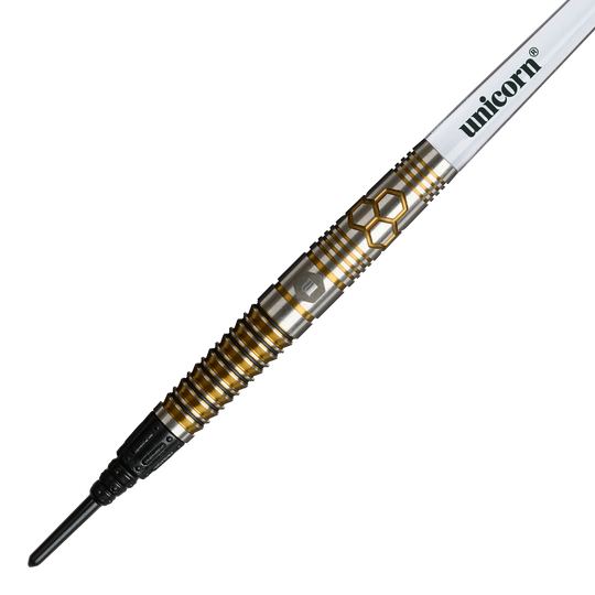 Dardos blandos Unicorn Hexium Style 03 dorados y negros - 23 g Das Foto zeigt Unicorn Hexium Style 03 Gold & Black Softdarts, 23g. Die Darts haben ein modernes Muster in Gold und Schwarz.
