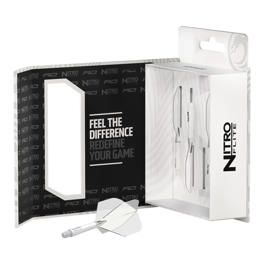 Das Bild zeigt die Verpackung des Produkts "Red Dragon Nitroflite - White Shaft Clear No2 Flights". In der Packung befinden sich weiße Dartflights mit integriertem Schaft.