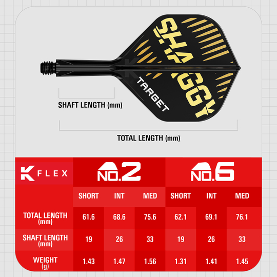 Sistema de eje de vuelo estándar Target K-Flex Scott Williams No2 Das Bild zeigt das Produkt "Target K-Flex Scott Williams No2 Standard Flights" mit einem schwarzen und goldenen Design. Unten sind die Maße für verschiedene Längen und Gewichte der Flights in einer Tabelle dargestellt.