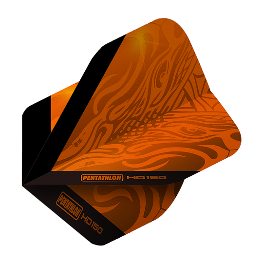 Plumas estándar Pentathlon HD150 color naranja metalizado Das Bild zeigt ein Pentathlon HD150 Metallic Orange Standard Flight für Darts. Das Flight ist orange mit schwarzen Akzenten und einem auffälligen Muster.
