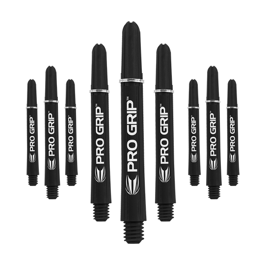 Das Bild zeigt neun schwarze Pro Grip Shafts für Darts in verschiedenen Größen. Sie sind mit weißem Schriftzug und Logo versehen und stehen aufrecht nebeneinander.