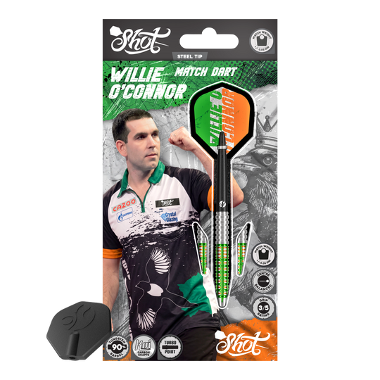Shot Pro Series Willie O'Connor Turbo Point Steeldarts sind Dartpfeile mit modernen Griffbereichen. Sie werden nebeneinander gelegt gezeigt.