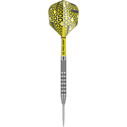 190051_Target_Bolide_01_Swiss_Point_Steeldarts_1f5d8qGp4C4oEP Das Bild zeigt einen Target Bolide 01 Swiss Point Steeldart mit einem silbernen Griff und gelben Elementen. Die Dartflights sind gelb-schwarz gemustert und der Schaft trägt die Aufschrift "PRO GRIP".