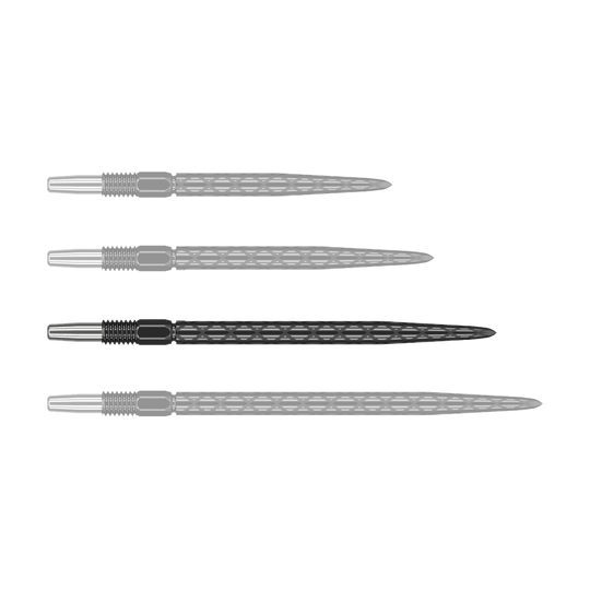 Puntas de dardos Target Swiss Diamond Pro Black Points Das Bild zeigt vier schwarze Dartspitzen mit einem rautenförmigen Muster. Sie sind nebeneinander auf weißem Hintergrund angeordnet.