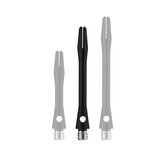 HR367_Harrows_Keramic_Shafts_Schwarz_41mm_1 Das Bild zeigt drei schwarze Harrows Keramic Shafts in mattem Finish. Sie sind in unterschiedlichen Längen angeordnet und haben ein silbernes Gewinde am unteren Ende.