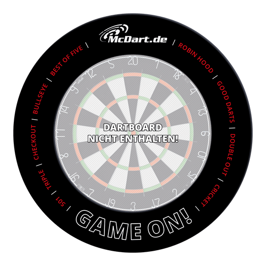 Juego de dardos McDart en la diana Ein Dartboard-Surround ist auf dem Bild zu sehen. Es bietet Schutz für die Wand beim Dartspielen.