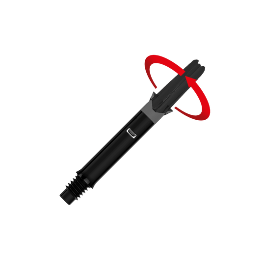 Ejes L-Style silenciosos rectos - Negro Das Bild zeigt einen schwarzen, geraden Dart-Schaft ohne Kappen. Ein roter Pfeil deutet eine Drehbewegung am oberen Ende des Schafts an.