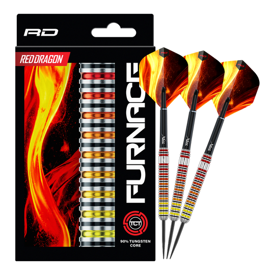 Auf dem Bild sind die Red Dragon Furnace Steeldarts vollständig abgebildet. Das Produkt wird in seiner Gesamtheit präsentiert.