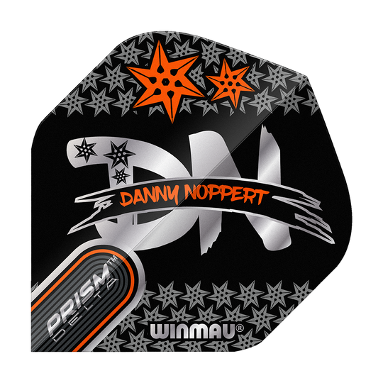 Vuelos estándar Winmau Prism Delta Danny Noppert Black Signature No2 Das Bild zeigt ein Dart-Flight mit dem Namen "Winmau Prism Delta Danny Noppert Black Signature No2 Standard Flights". Auf dem schwarzen Flight sind silberne und orangefarbene Sterne sowie der Name von Danny Noppert in orange geschrieben.