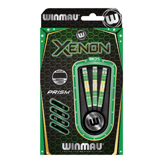 Dardos blandos Winmau Xenon - 20 g Das Bild zeigt eine Packung Winmau Xenon Softdarts mit einem Gewicht von 20g. Die Verpackung ist überwiegend schwarz und grün gestaltet und enthält drei Darts.