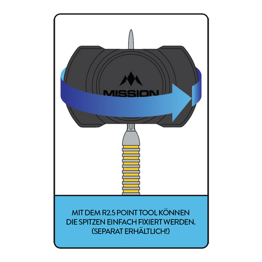 Herramienta de punción rápida Mission R2.5 Hier ist das Mission R2.5 Rapid Point Tool abgebildet. Es unterstützt den Spieler beim Wechseln der Dartspitzen.