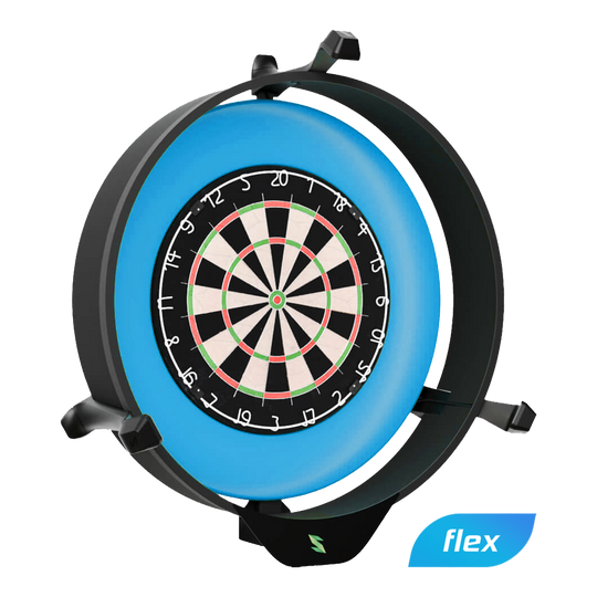 Das Bild zeigt das Produkt „Scolia Home 2 FLEX – Electronic Score System mit Beleuchtungsring“. Es ist ein elektronisches Punktesystem für Dartscheiben mit einem leuchtenden Ring zur besseren Sichtbarkeit.