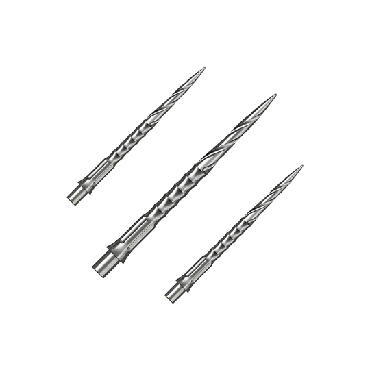 Puntas de dardos de acero Caliburn System - Spiro - NoLip - plateadas Das Bild zeigt ein Set aus silbernen Steeldartspitzen. Diese Spitzen sind 32 mm lang und haben ein Spiro NoLip Design.