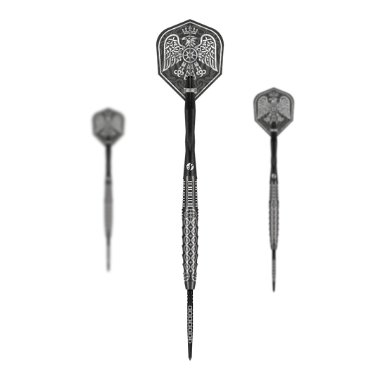 Dardos de acero Shot Goths Wulfaz Turbo Point - 23 g Das Bild zeigt das Shot Goths Wulfaz Turbo Point Steeldarts - 23g Set. Alle Teile des Dart Sets sind deutlich zu erkennen.