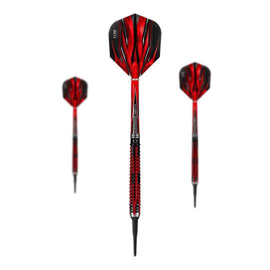 Dardos blandos Harrows Fire Inferno Das Bild zeigt drei Harrows Fire Inferno Softdarts mit auffälligem rot-schwarzem Design. Die Darts haben spitze Kunststoffspitzen und strukturierte Griffe.