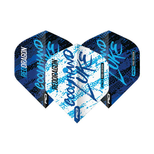 Vuelos estándar Red Dragon Luke Humphries, campeón mundial, azul, blanco y Yin Yang Das Bild zeigt drei Dart-Flights mit dem Design "Red Dragon Luke Humphries World Champion Blue White Yin Yang". Die Flights sind in Blau, Weiß und Schwarz gehalten und tragen die Aufschrift "Cool Hand Luke".