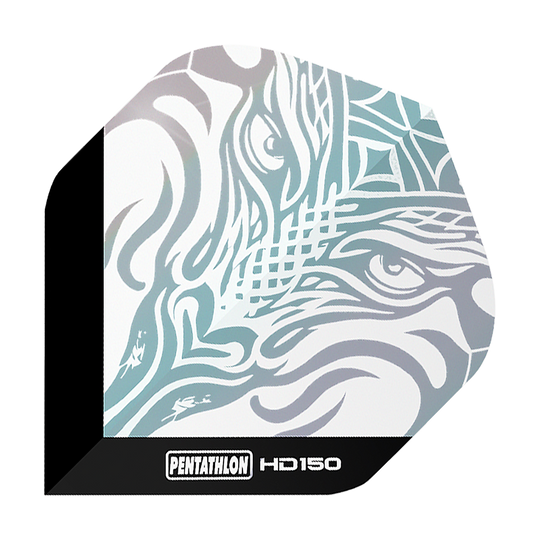 Plumas estándar transparentes metálicas Pentathlon HD150 Das Bild zeigt das Produkt "Pentathlon HD150 Metallic Clear Standard Flights". Auf dem Flight ist ein stilisiertes, metallisch schimmerndes Muster zu sehen, das an ein Tiergesicht erinnert.