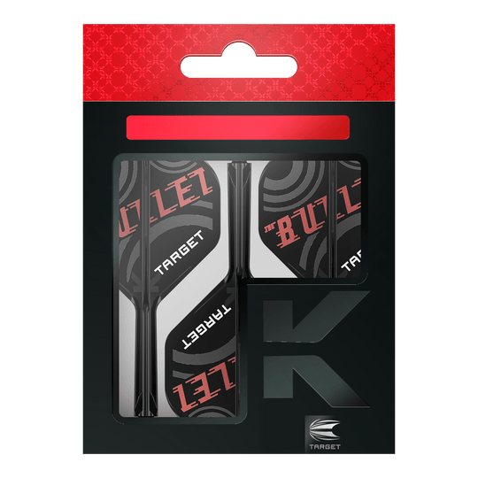 Sistema de eje de vuelo estándar Target K-Flex Stephen Bunting No. 2 Die Abbildung zeigt eine Verpackung der "Target K-Flex Stephen Bunting No2 Standard Flights". Die Flights sind schwarz, weiß und rot gestaltet und tragen die Aufschrift "THE BULLET" sowie "TARGET".