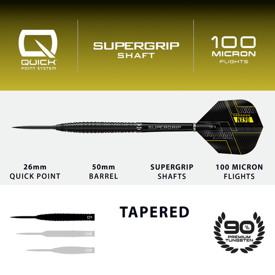 Dardos de acero de punta rápida cónica Harrows NX90 Black Edition Das Bild zeigt die Harrows NX90 Black Edition Tapered Quick Point Steeldarts. Diese Steeldarts zeichnen sich durch ihr modernes schwarzes Design aus.